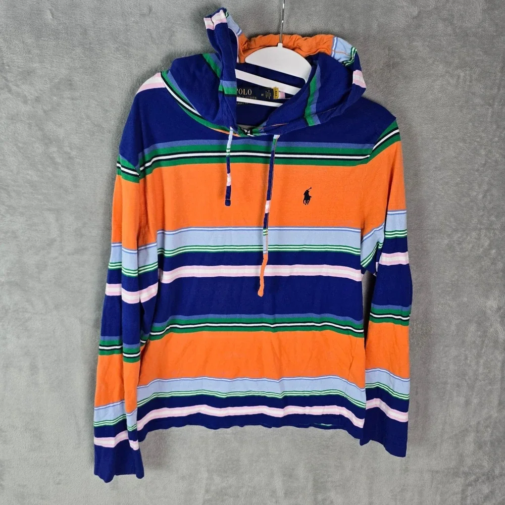 Polo Ralph Lauren Mens Classic Fit Striped Hooded T-Shirt Blue Orange Size M
